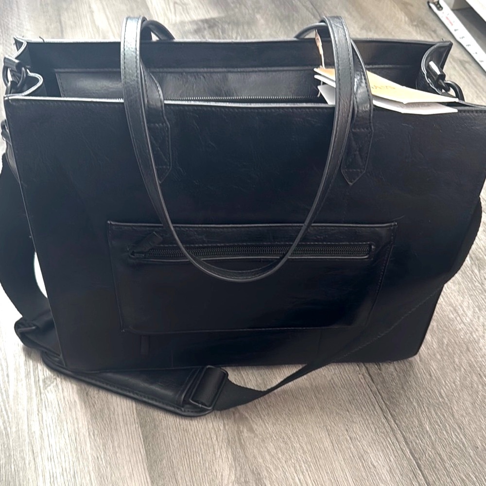BEIS Vegan Leather Black Structured Work Tote w/Handles & Crossbody Strap